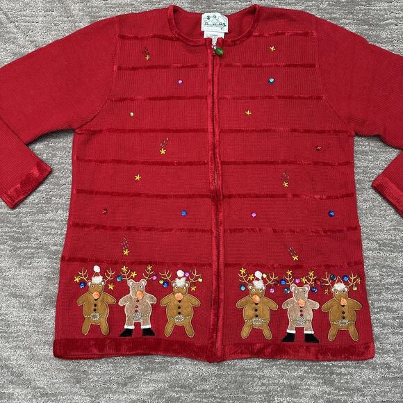 Quacker Factory Sweater Womens Large Red Christmas Reindeer Gingerbread Zip - Picture 2 of 12